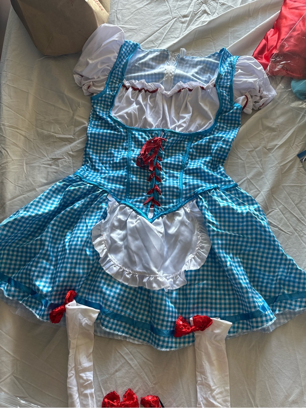 Amscan Blue Gingham Girls Costume Dress with White Apron and Red Bows